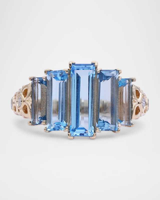 18K Yellow Gold Baguette Swiss Blue Topaz Statement Ring with Diamonds